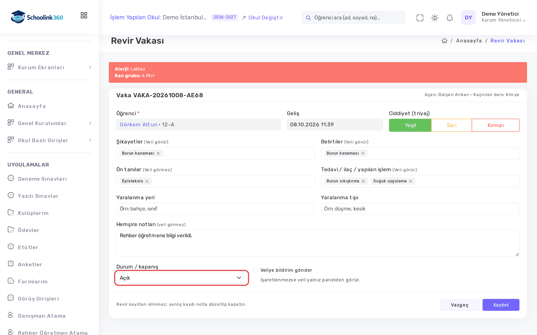 Açık bir revir vakası: alerji uyarısı, kapanış durumu ve veliye bildirim