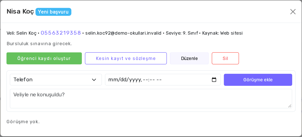 Aday kartı: görüşme ekleme ve geçmiş