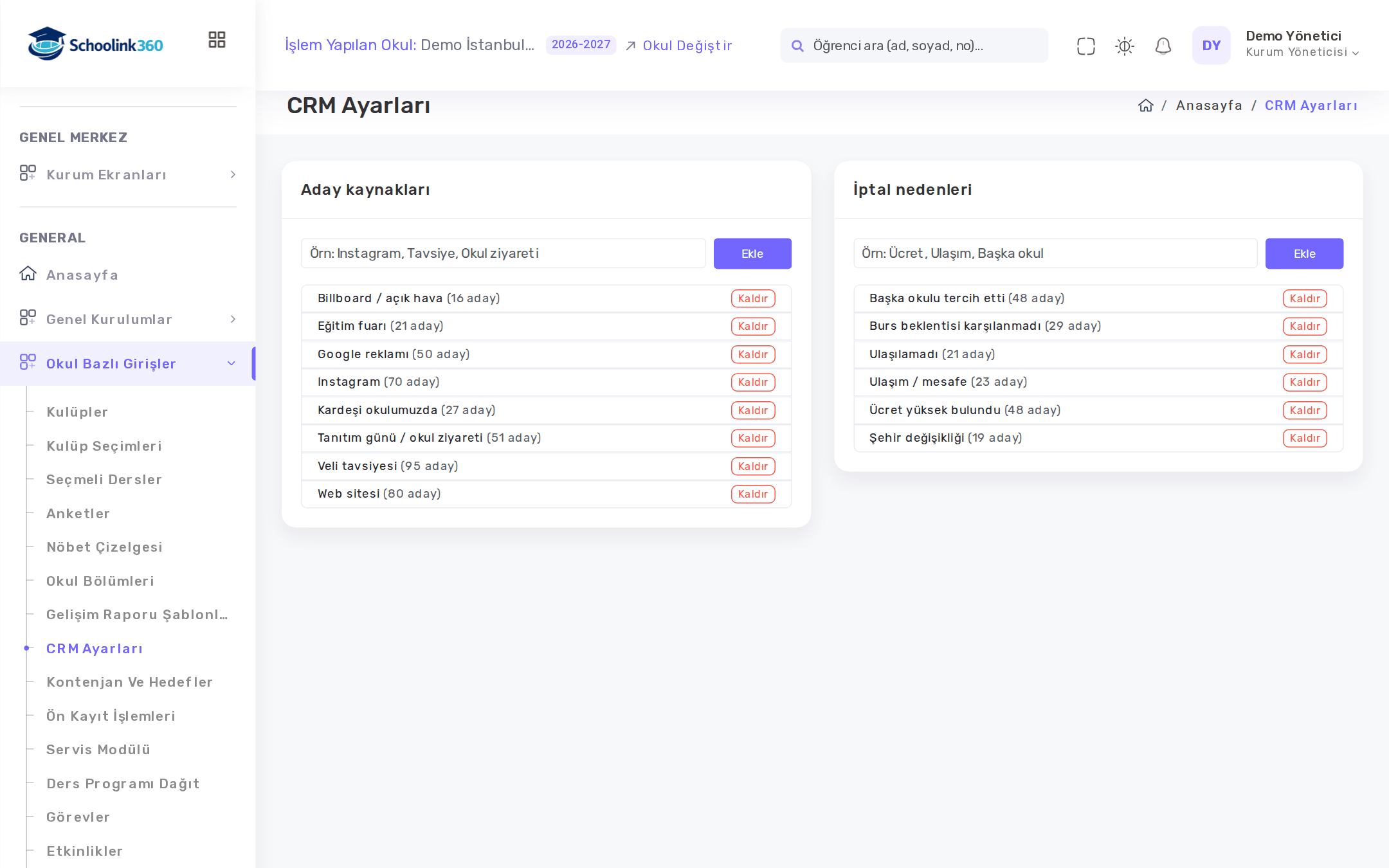 CRM Ayarları: aday kaynakları ve iptal nedenleri