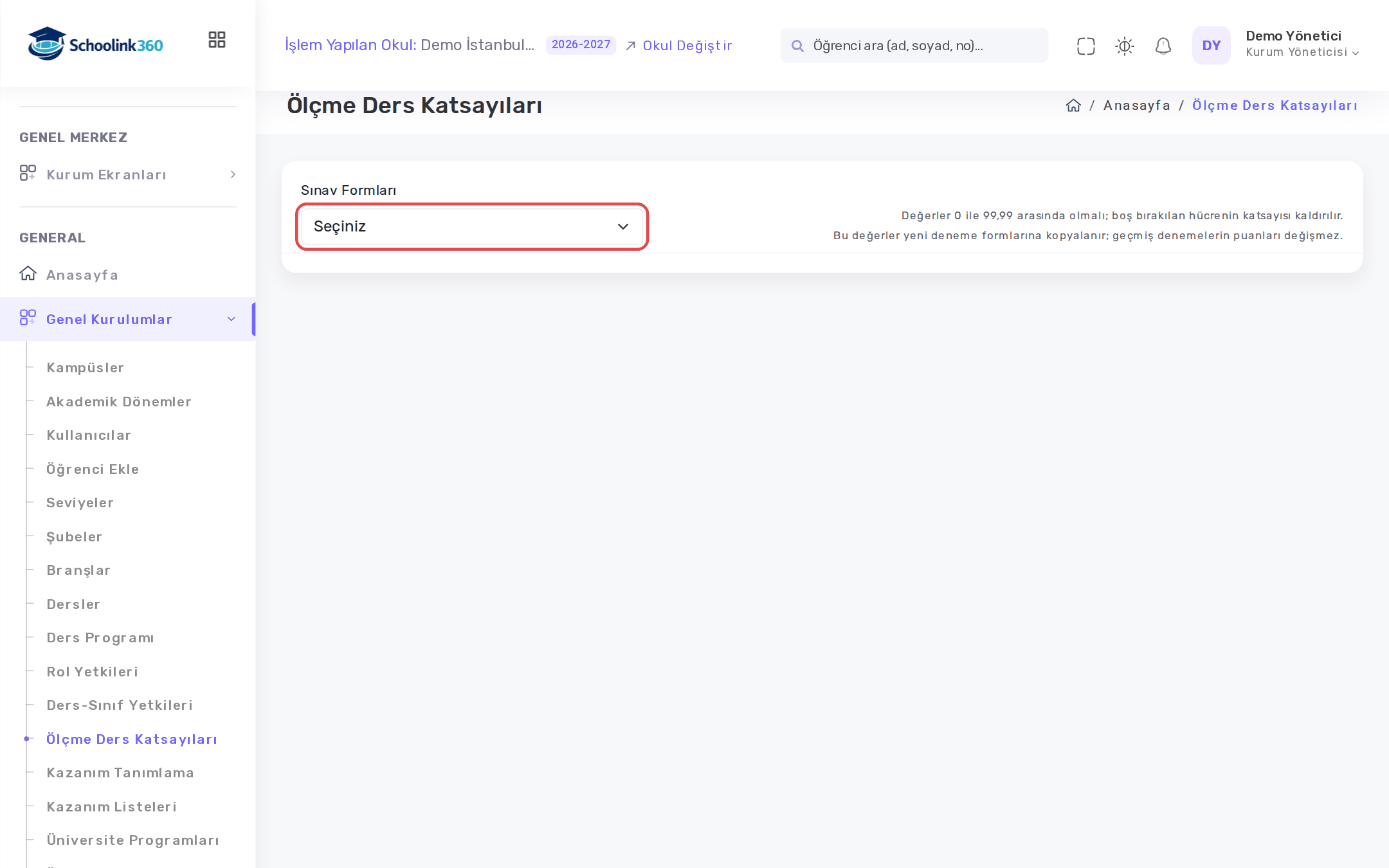 Ölçme Ders Katsayıları: önce sınav formu seçilir