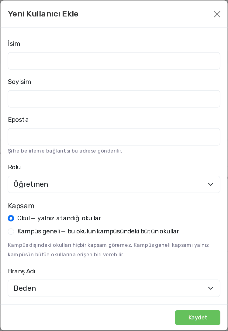 Yeni Kullanıcı Ekle penceresi