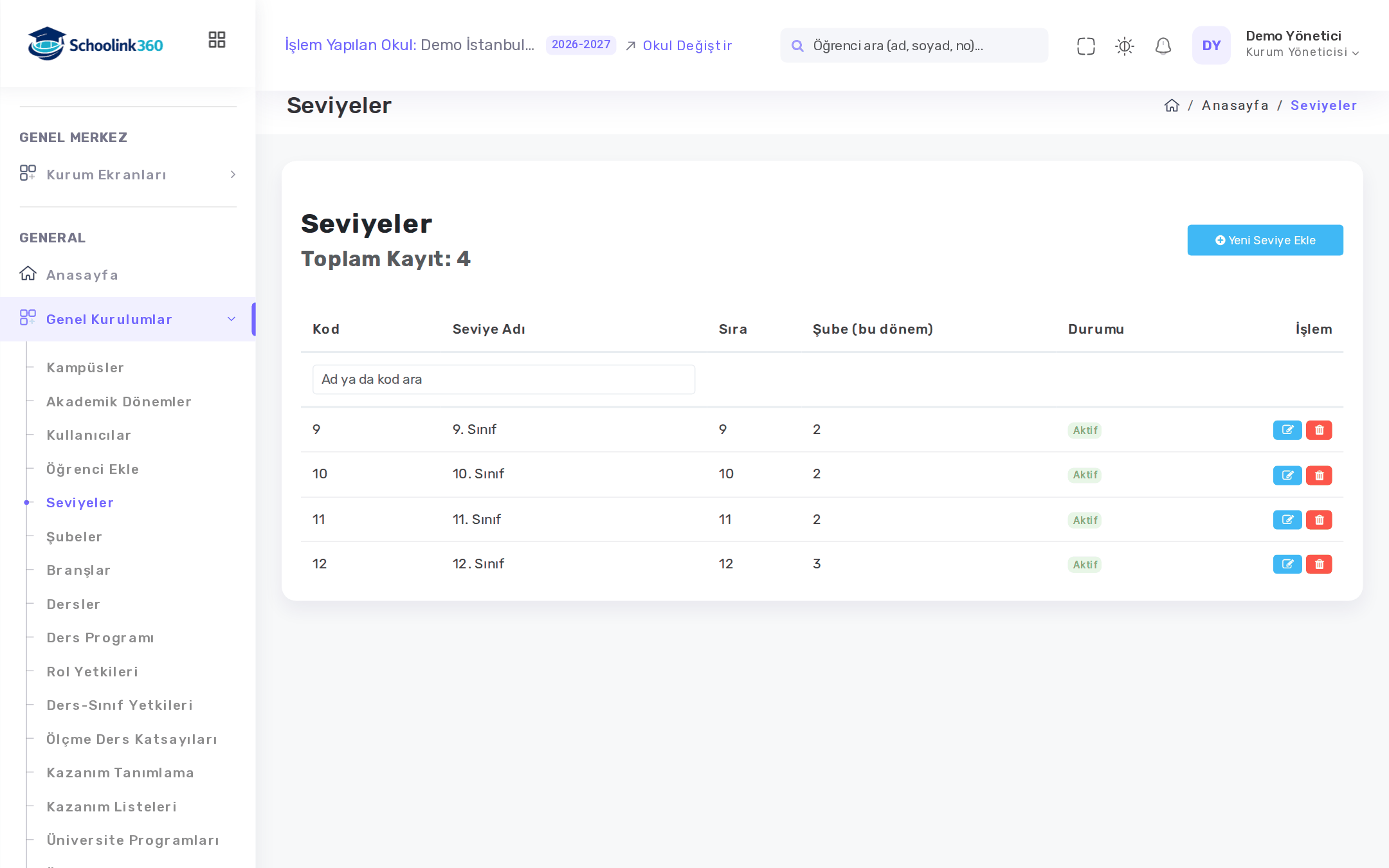 Seviyeler ekranı: kod, ad, sıra ve bu dönemki şube sayısı