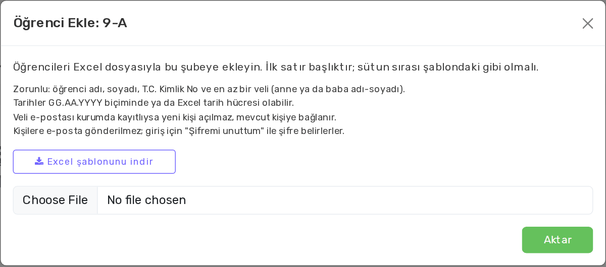 Şube satırındaki Öğrenci Ekle düğmesiyle açılan Excel aktarma penceresi