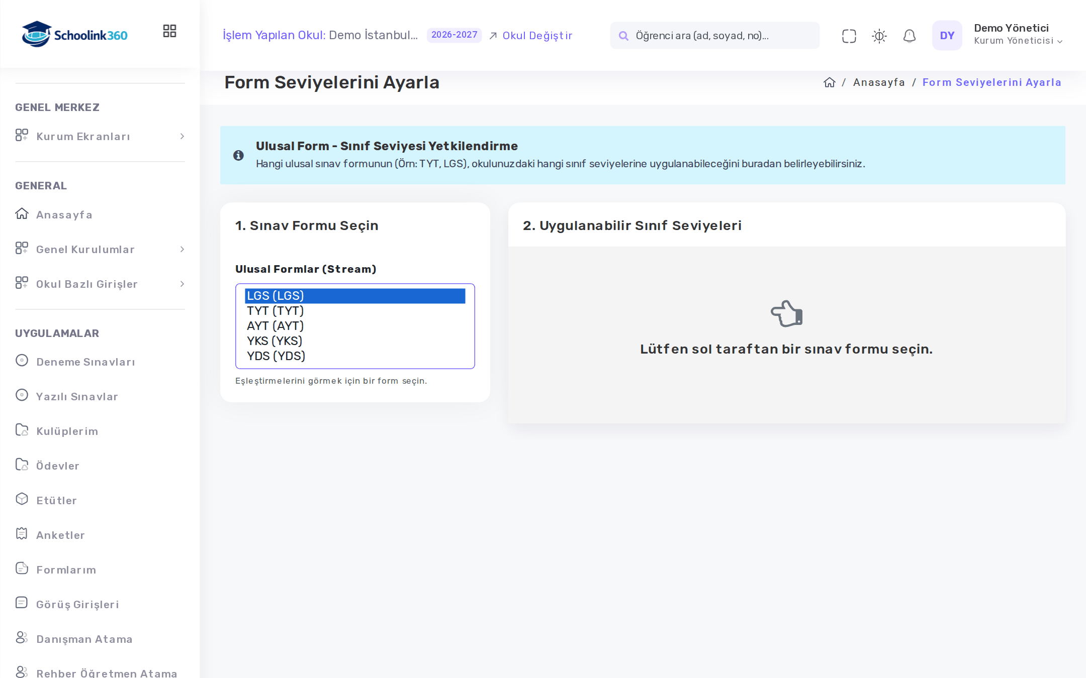 Form Seviyelerini Ayarla: solda sınav formu, sağda uygulanabilir sınıf seviyeleri